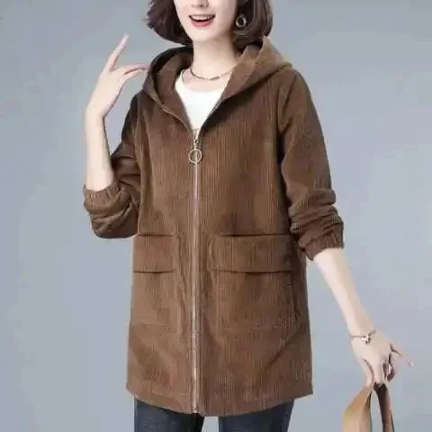 

Luxury Brand Women's Corduroy Jaet Mid-Length Spring Autumn Mommy's Wardrobe Faion Commute Sle Non-Removable Hood