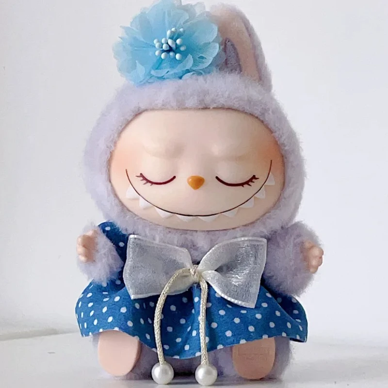

Ropa Labubu17cm Кукольная одежда Сине-белое платье с цветочным головным убором Сменные декоративные аксессуары