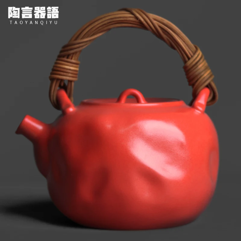 Hawthorn Red Soda Glaze Hammered Teapot with Rattan Handle, Chinese Stovetop Kettle for Charcoal Stove & Electric Ceramic Cooker