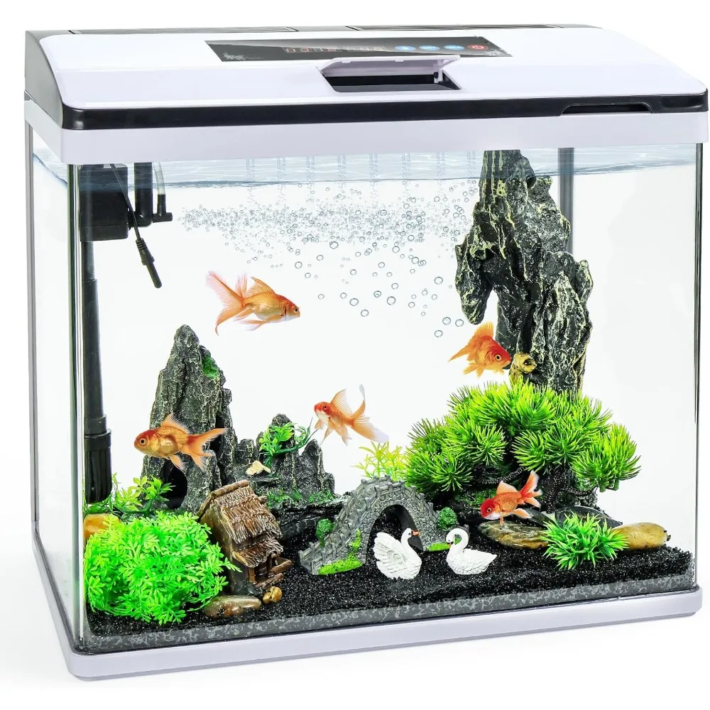 

Glass 10 Gallon Aquarium Fish Tank Starter Kit with Temperature and Time Display for Betta Fish Featuring Crystal Clear 360°