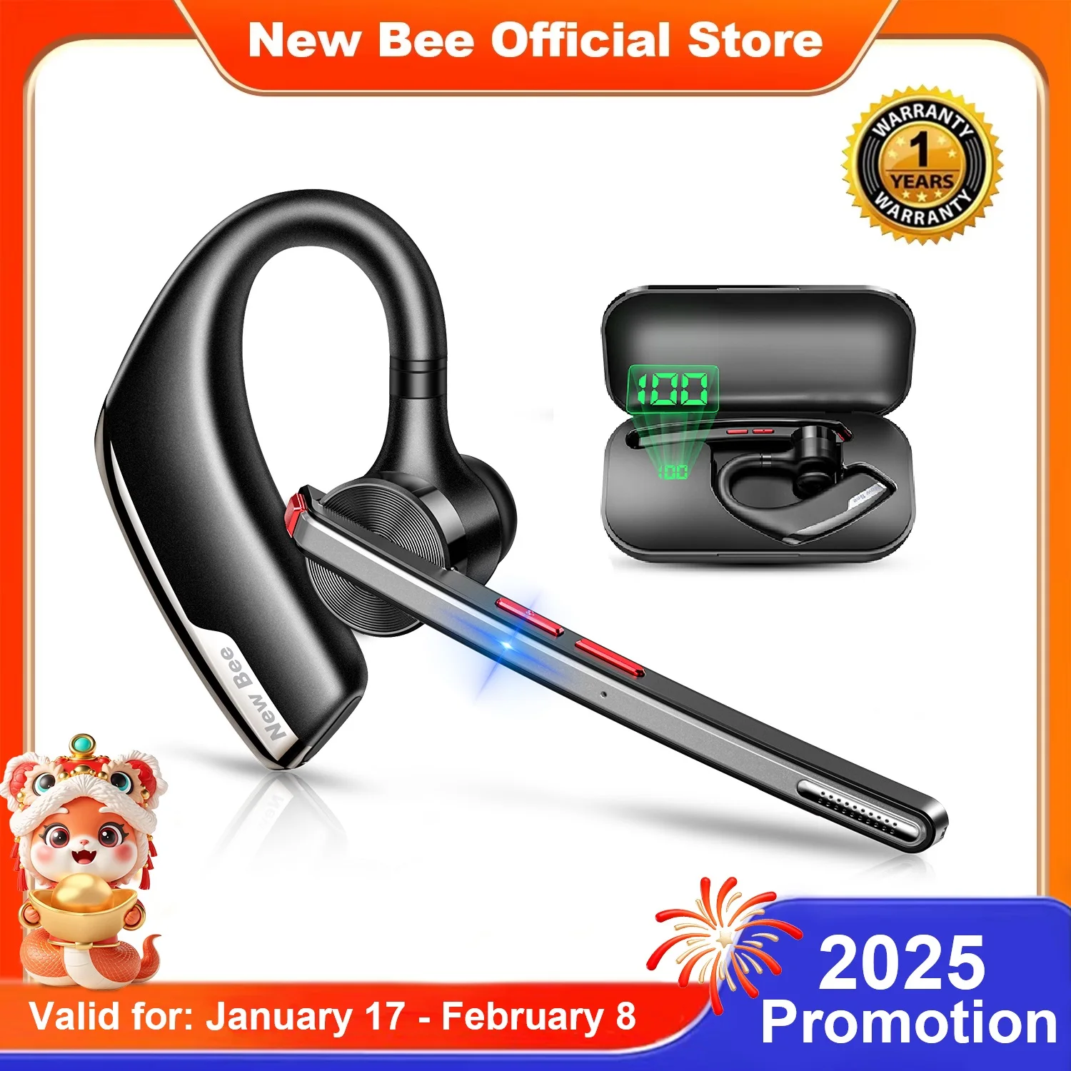 New Bee M51 Wireless Bluetooth Headset Earphones 5.2 Headphone with Dual-Mic CVC8.0 Noise Cancelling Handsfree Business Earpiece