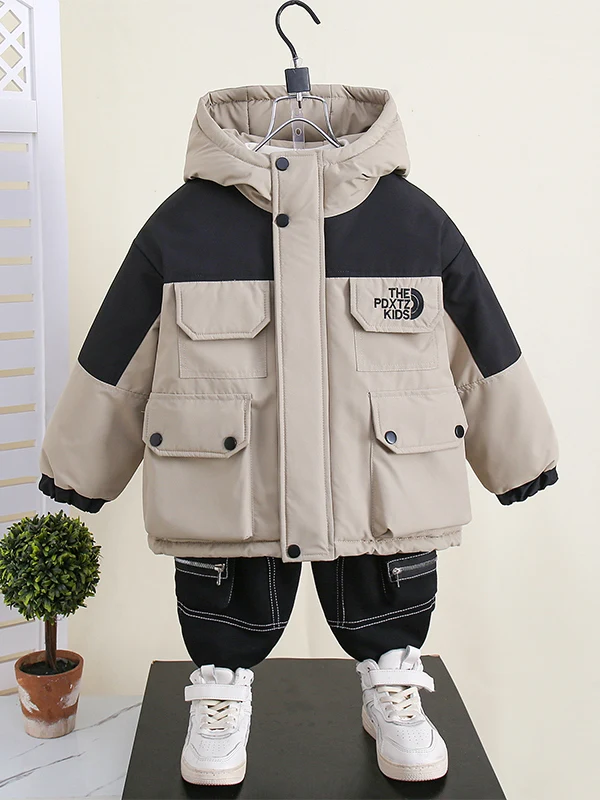 

Thiened Fce Boys' Parka Winter Clothes Faionable Youthful Warm Stand Fit Polyester Fiber Hooded Zipper Closure Coat