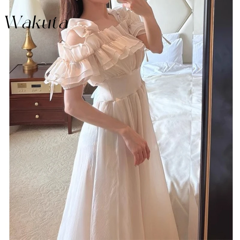 

WAKUTA Summer New Slash Neck Robe Fungus Off Shoulder Slim Waist Vestidos Japan Sweet Ruffled Lace Up Fairy Dresses Streetwear
