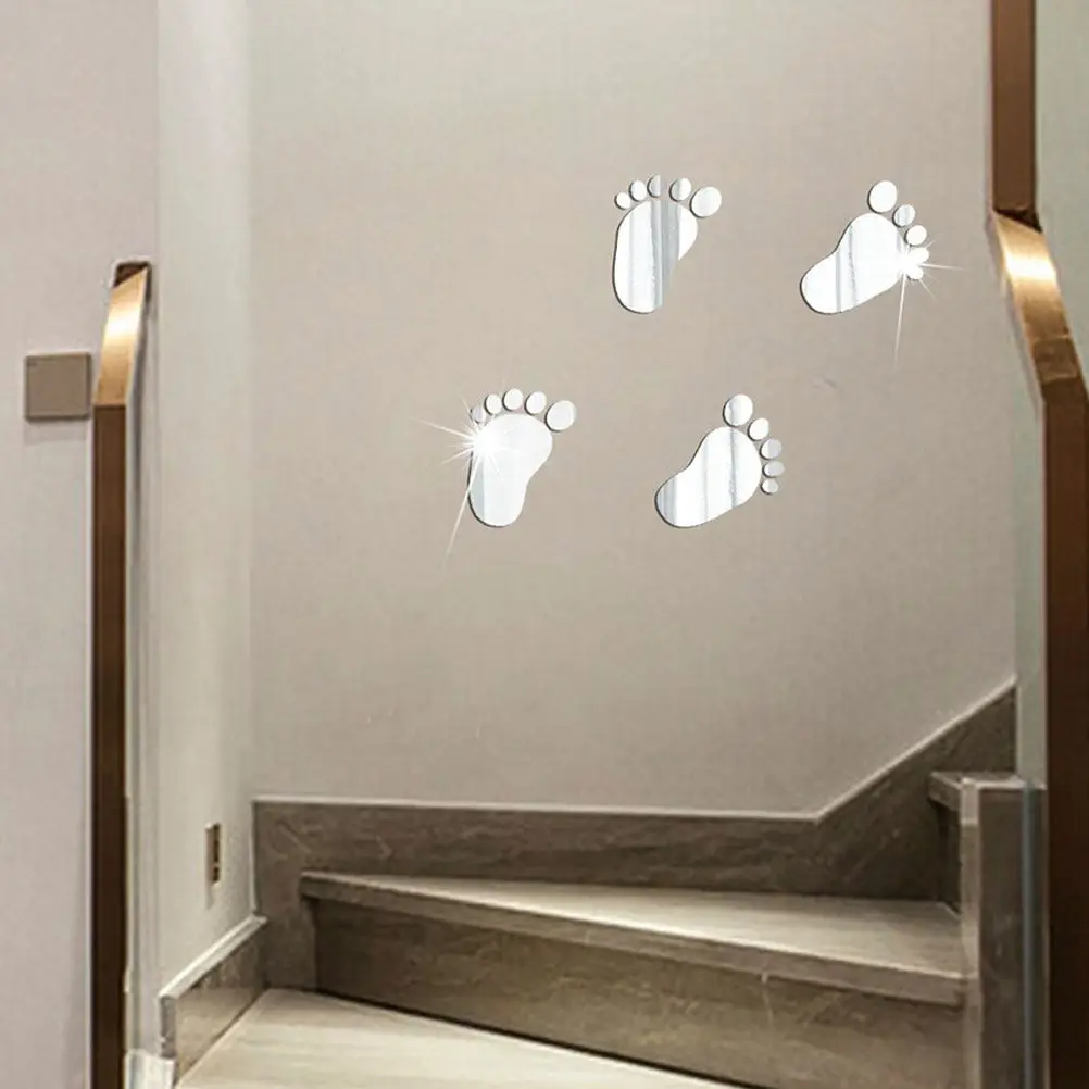 

1 Sheet Footprint Mirror Wall Sticker 3D Acrylic Decal Easy Apply Adhesive Wall Decor for Nursery Kids Room Bedroom Home
