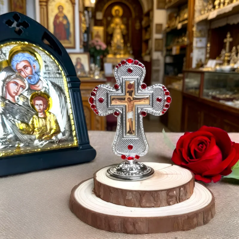

Byzantine Silver Plated Standing Cross Crucifix with Red Rhinestones & Jesus Icon for Church Home Altar Prayer Christian Decor