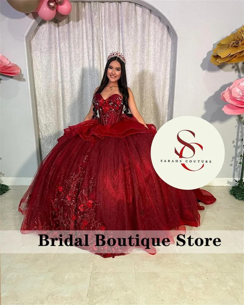 Luxury Red Wine Quinceanera Dresses 2024 Ball Gown Floral Crystal Lace Sweet 16 Dresses Birthday Party Custom-Made