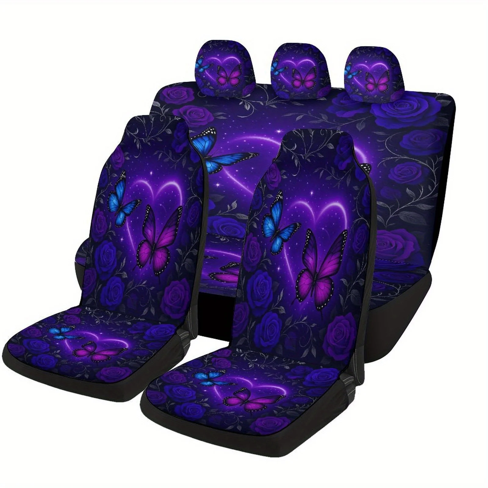 

Butterflies & Roses Car Seat Cover Set - Vibrant Purple & Blue Design With Floral Patterns, Universal Fit For Most Cars, Machine