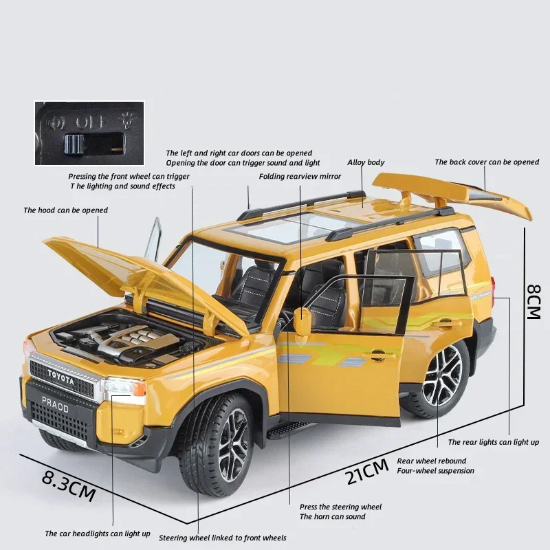 1:24 Toyota Prado LC250 SUV High Simulation Diecast Metal Alloy Model car Sound Light Pull Back Collection Kids Toy Gift