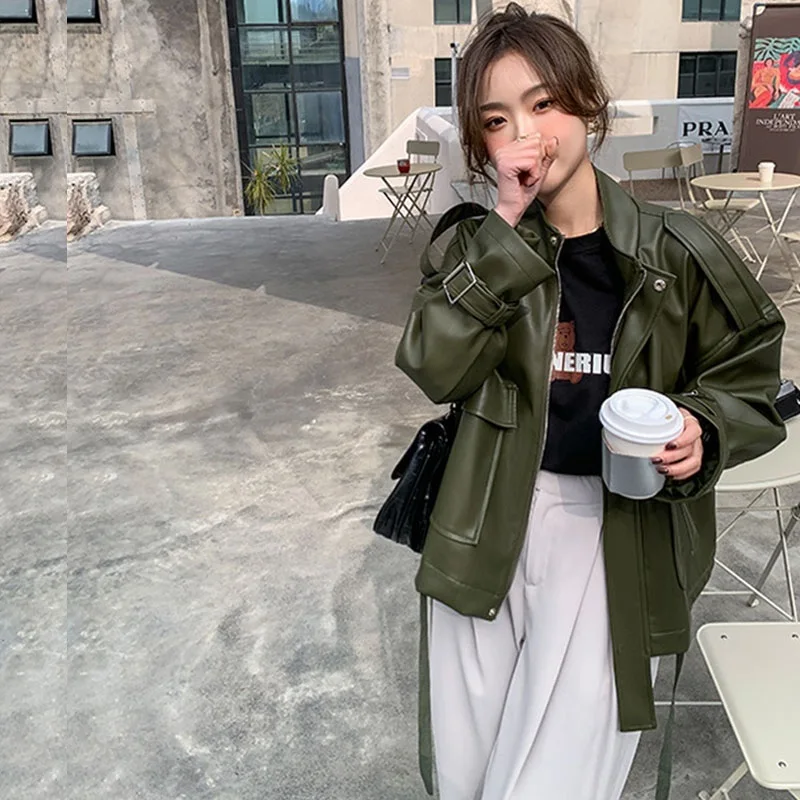 Spring Autumn Vintage Green Short Faux Leather Coat Women Irregular Hem Stand Collar Long Sleeve Female Streetwear Biker Jacket