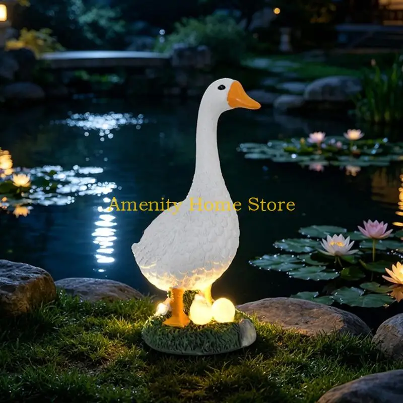 F26C Lawn and Entryway Solar Geese Figure, Resin Garden Statue with Integrated Light for Flower Area Placement and Evening Yard