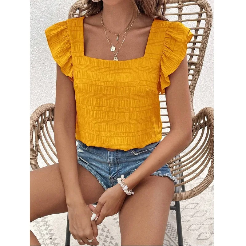 

Sweet Sle Loose Women's irt Spring Summer Top with Lace Sves Square Collar T-irt Flng Sve Tirt Chinese Origin