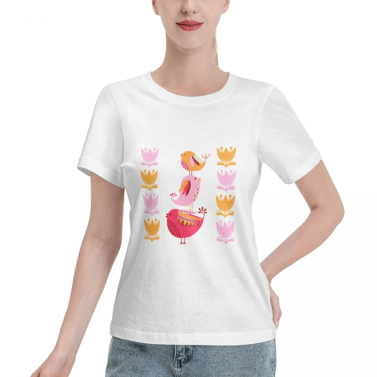 Soft Comfy Happy Pink And Orange Birds And Blooms Women's T-shirt Holiday Casual Regular Fit Tee
