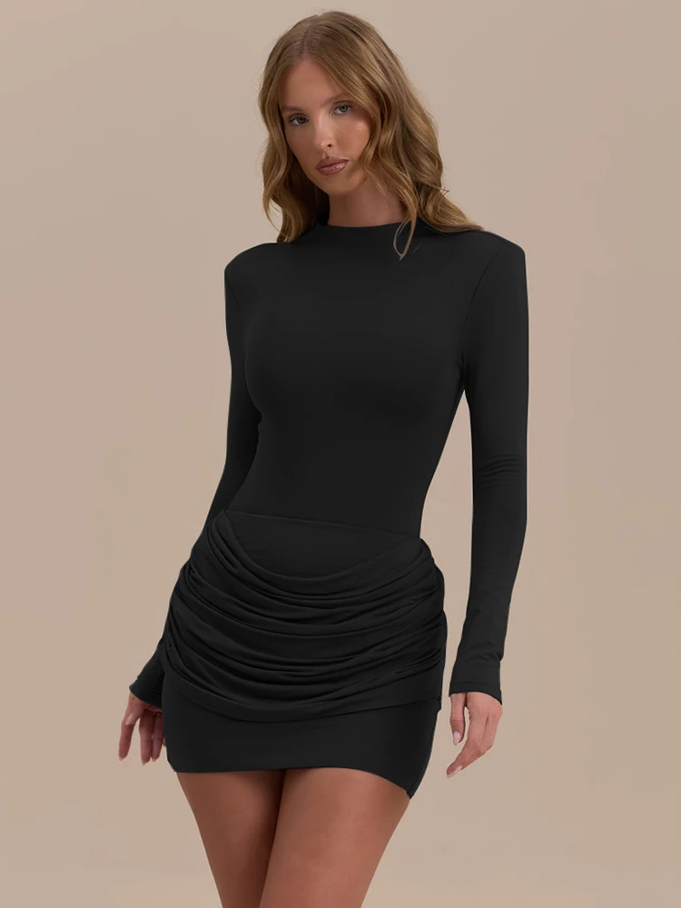 Blifanbo シャーリング長袖ミニドレス女性秋冬 O ネックスリムセクシーなクラブパーティードレスパッチワークファッションエレガント Vestido