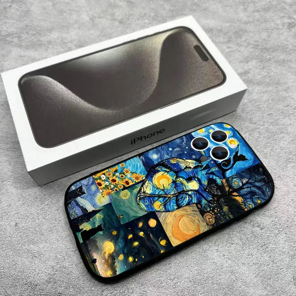 Capa de telefone Sunflower Art V-Van G-Gogh para iPhone 17,16,15,14,13,12, Pro, Max, Plus, E, SE4, Air, Mini caixa macia preta