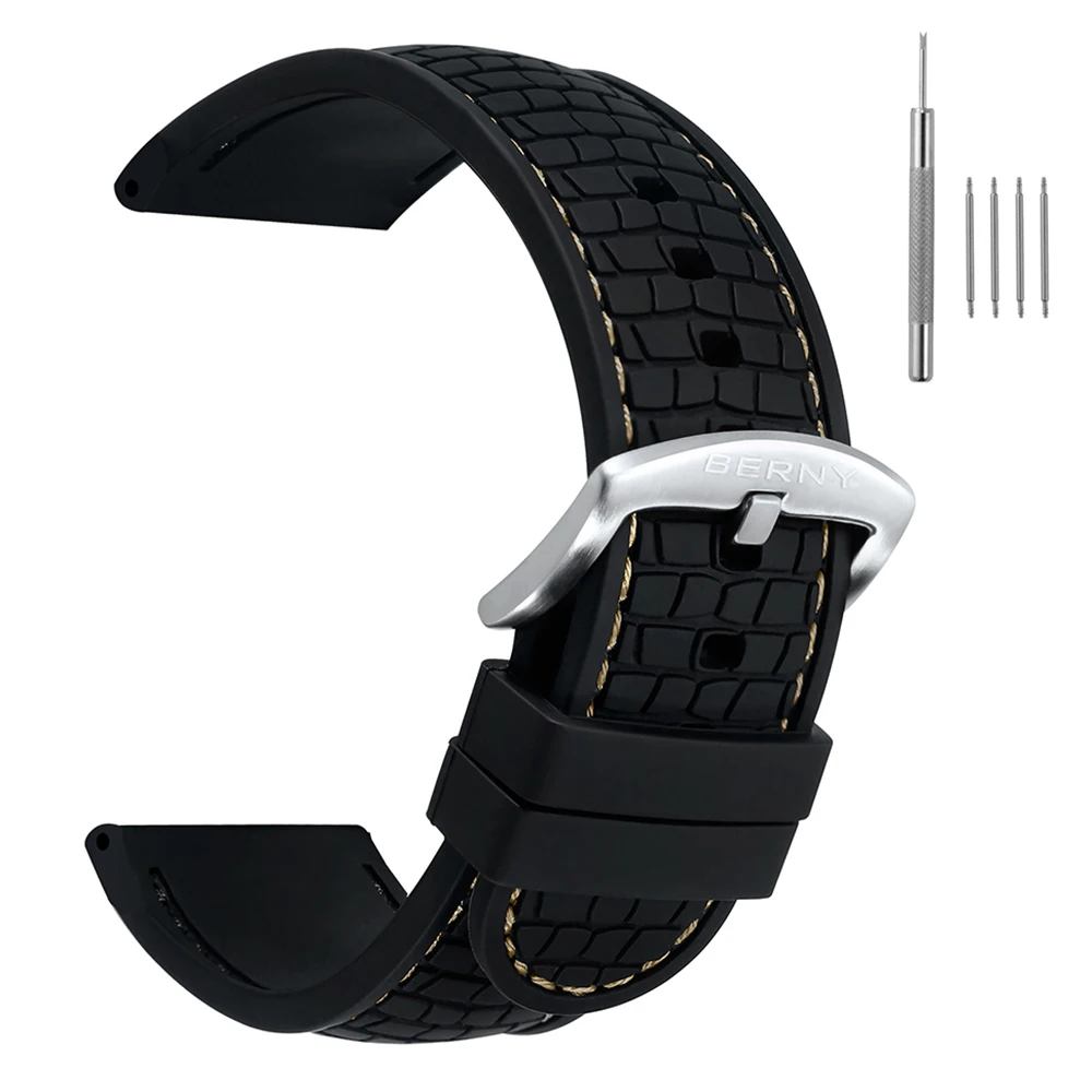 BERNY 22mm-24mm Watch Bands Soft Waterproof Replacement Stainless Steel Buckle Rubber Silicon Straps Watch for Men Accessories