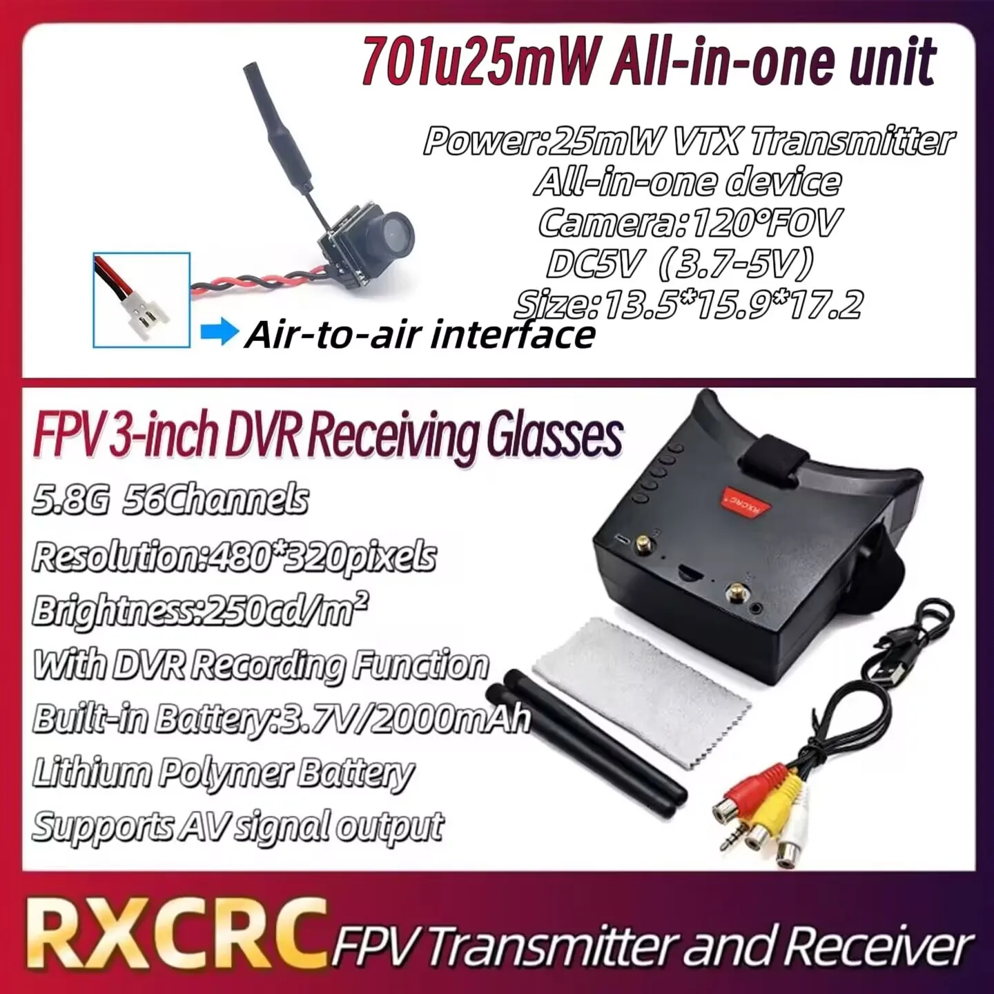 RXC 5.8G 701U25mW 120°fov All-in-One Transmitter,FPV 3inch DVR Receiver Glasses 56CH 480*320px For RC Multicopter FPV Drone Part