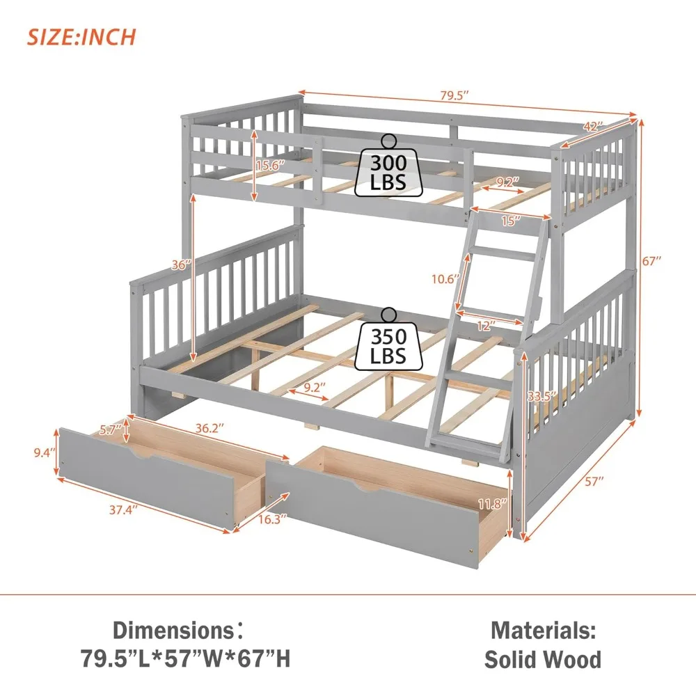 Wood Bunk Beds,Convertible Wood Bunk Bed with Ladders and Two Storage Drawers, Detachable Bunk Bed Frame,Twin Over Full Size