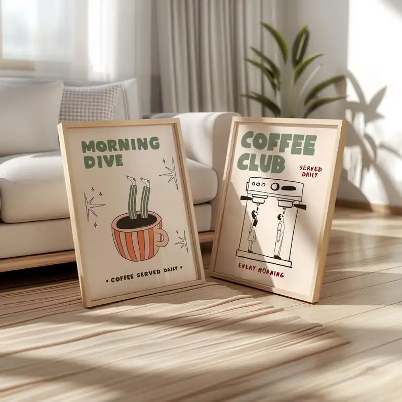 2 moderne Poster zur Dekoration von Kaffeebars, rahmenlose Espresso-Leinwanddrucke, Retro-Poster für die Küchendekoration und Geschenke für Kaffeeliebhaber
