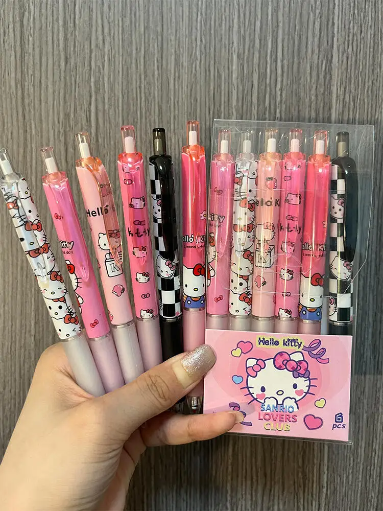 6Pcs Sanrio Gel Pen Hello Kitty Cartoon Kuromi ST Quick Drying Black 0.5mm Press The Ballpoint Pen Learning Stationery Gifts