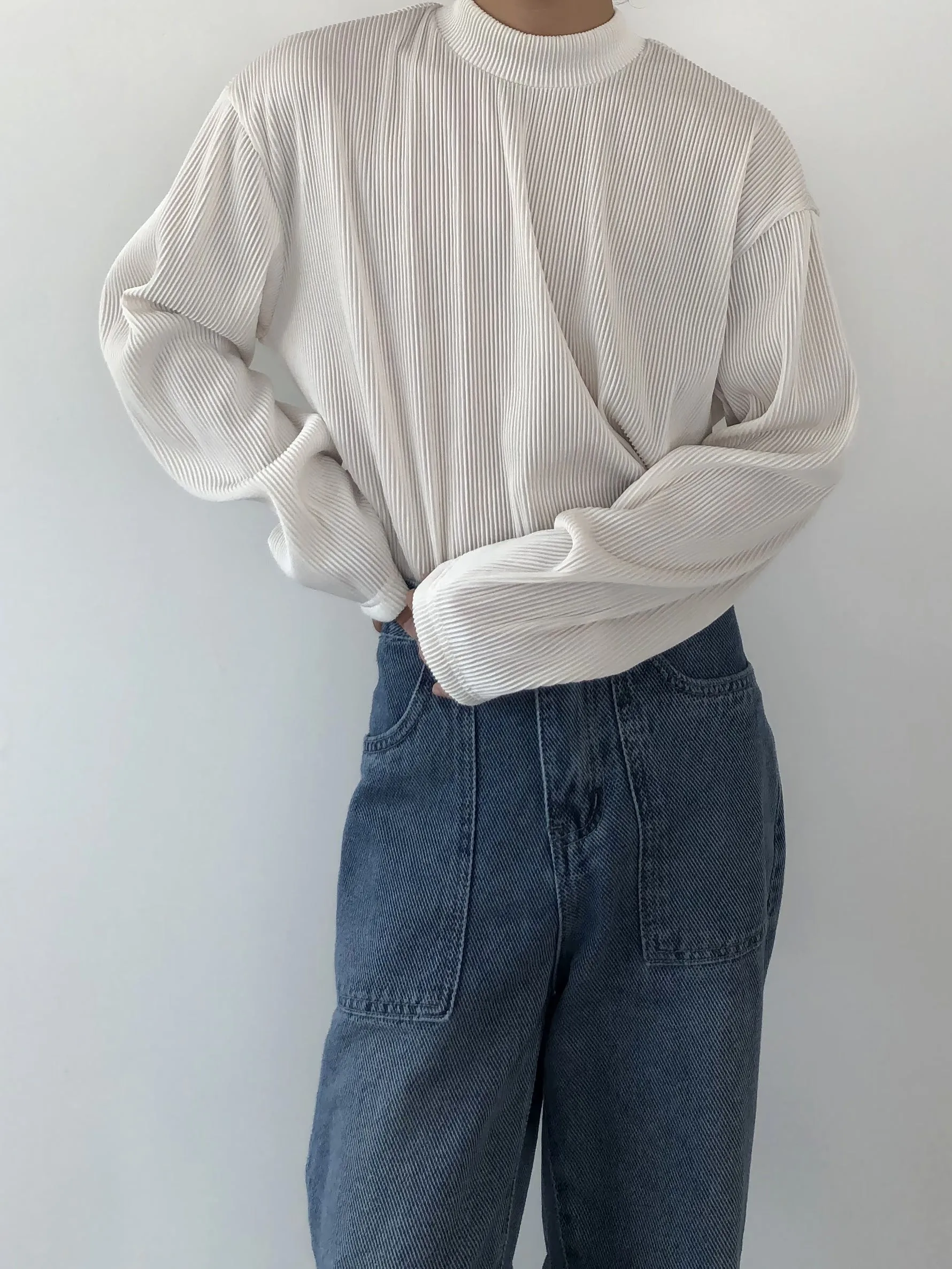 14GSL Vintage Folded Pure Color Simple Durable Striped Half High Collar Long Sleeve Base Layer Knitted Sweater for Men And Women