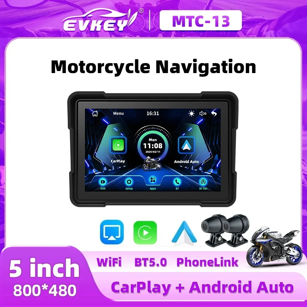 Gravador de Motocicleta Sem Fio Portátil, Navegação GPS, Carplay, Android, Auto DVR, Monitor de Moto, WiFi, IP67 Impermeável, 5"