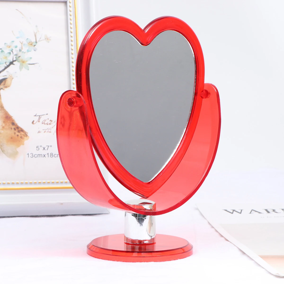 

Loving Heart Acrylic Two-Sided Desktop Makeup Mirror Adjustable Angle Large Round Base Home Store Decorative Red