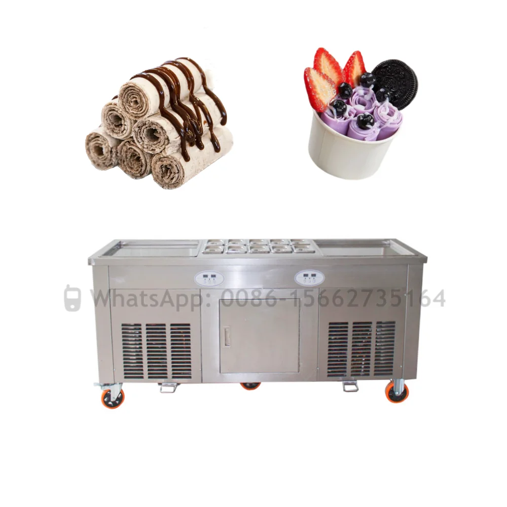 

Commercial Moveable Stainless Steel Thai Fried Ice Cream Roll Machine With Square Double Pans