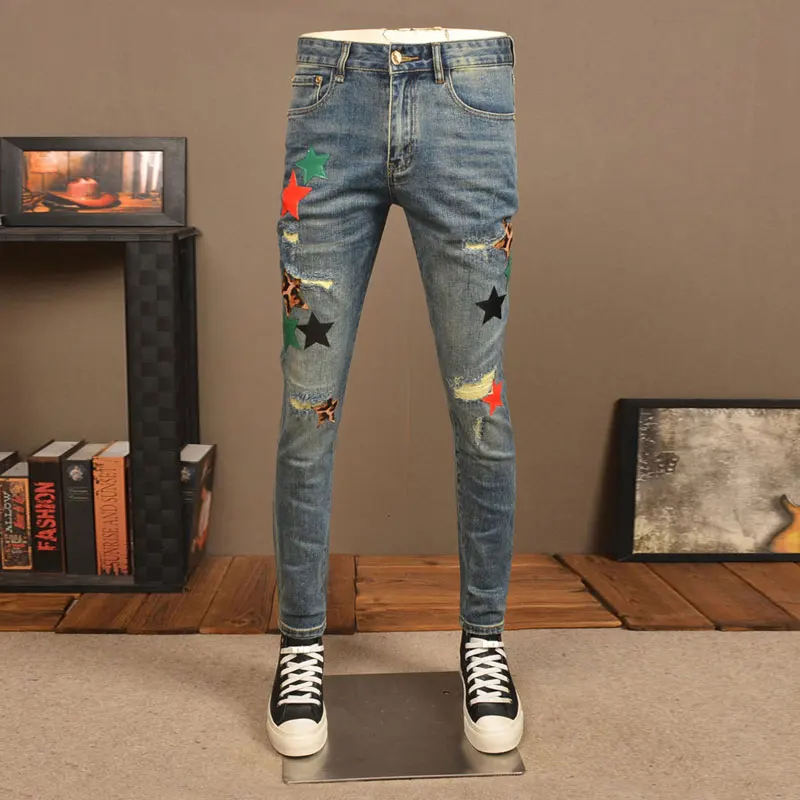 Street Fashion Men Jeans Retro Washed Blue Stretch Skinny Fit Ripped Jeans Men Stars Patched Designer Hip Hop Denim Pencil Pants