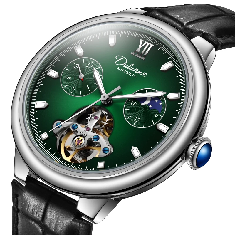 

Мужские автоматические часы DULUNWE в винтажном стиле с турбийоном, скелетонизированным циферблатом, роскошные, с изумрудным люминесцентным покрытием, для делового стиля, механические наручные часы