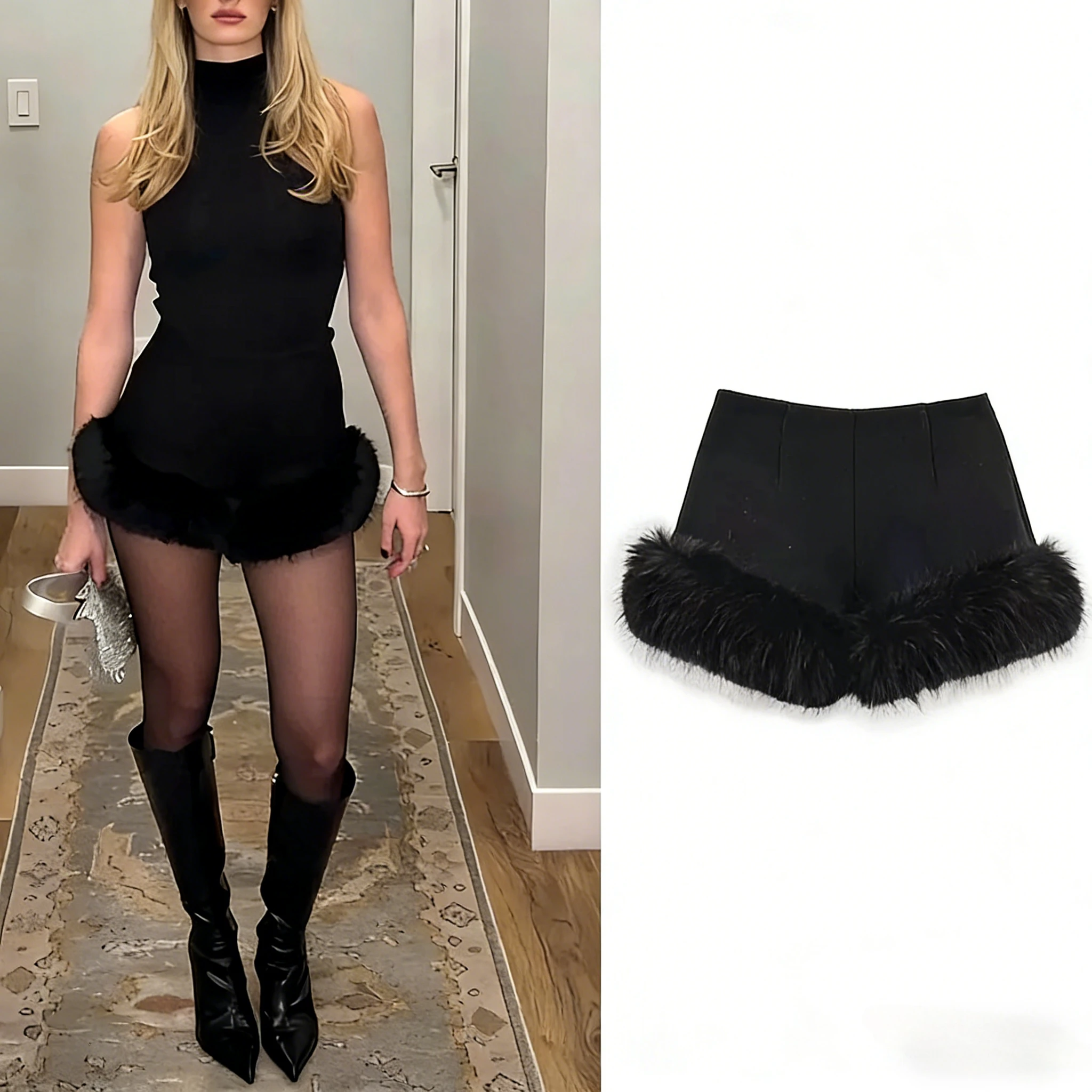 

Модные черные шорты с меховыми вставками для женщин 2026: широкие, элегантные, повседневные, для офиса, универсальные, шикарные женские шорты