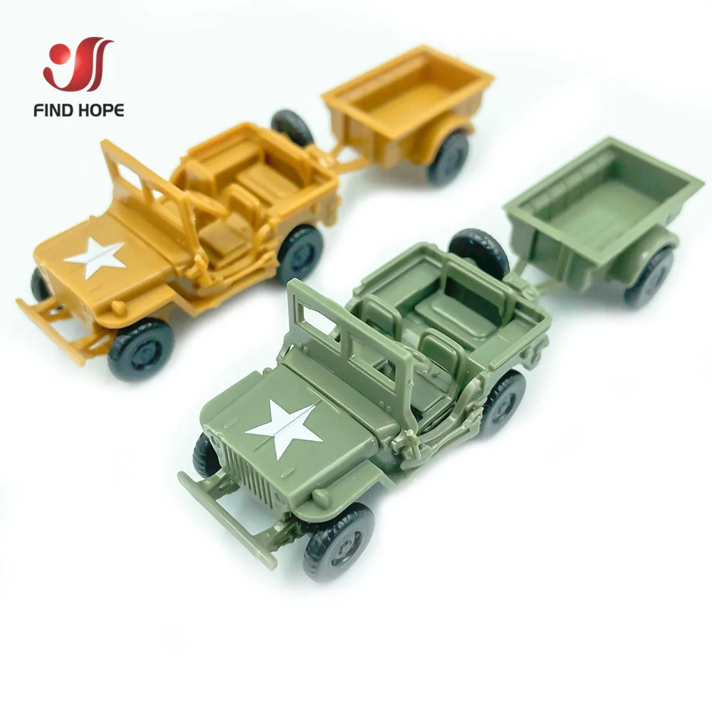 1/72 US Willys Jeep Assemble WW2 GP Military Vehicle Puzzle Block Car Collections Decor Scene Sandpan Game Model Toy W/Trailer