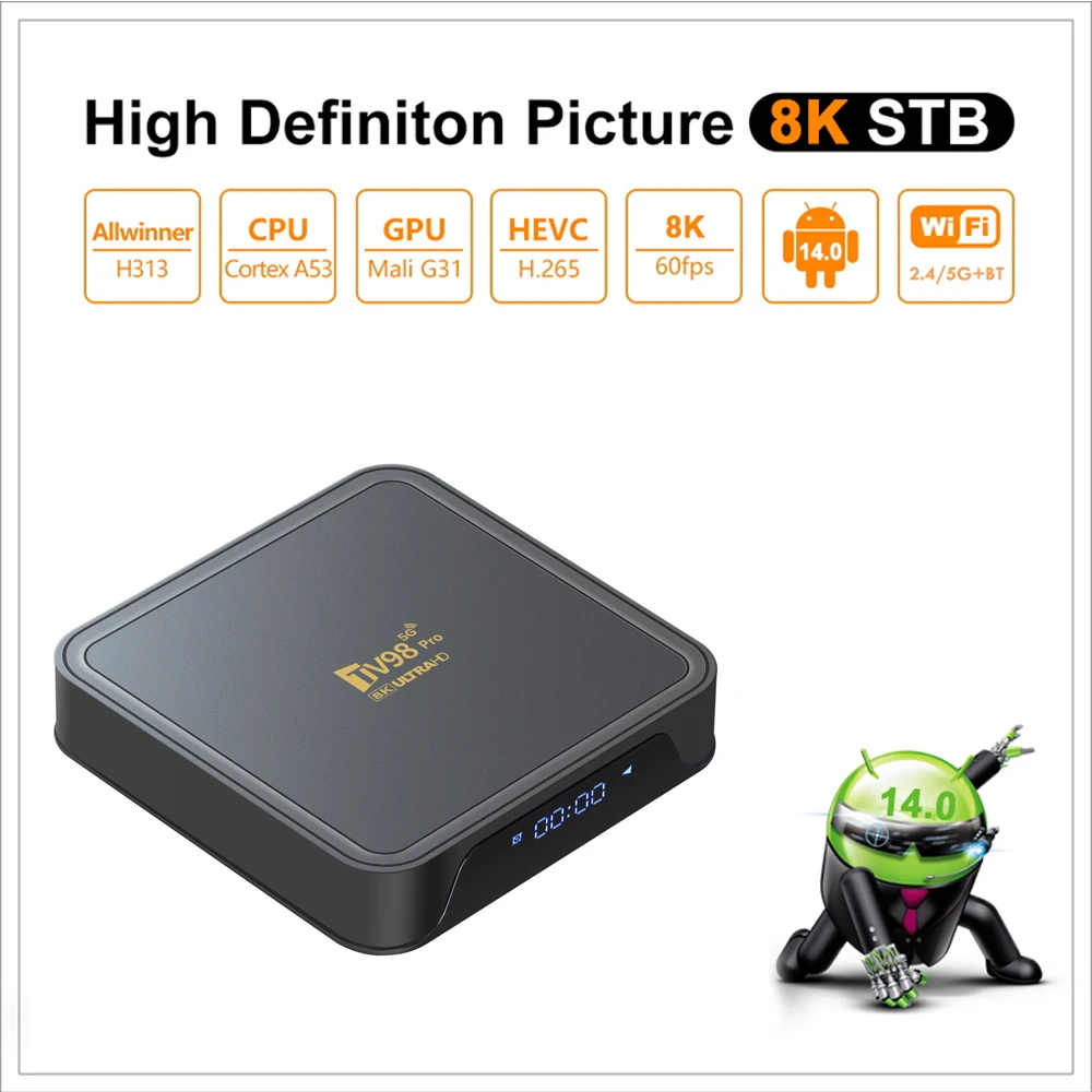 TV98 Pro TV Box Android 14 Support HD 8K4K Video 5G Dual Wifi BT5.2 Voice Remote Control Player Allwinner H313 Smart TV Box iptv