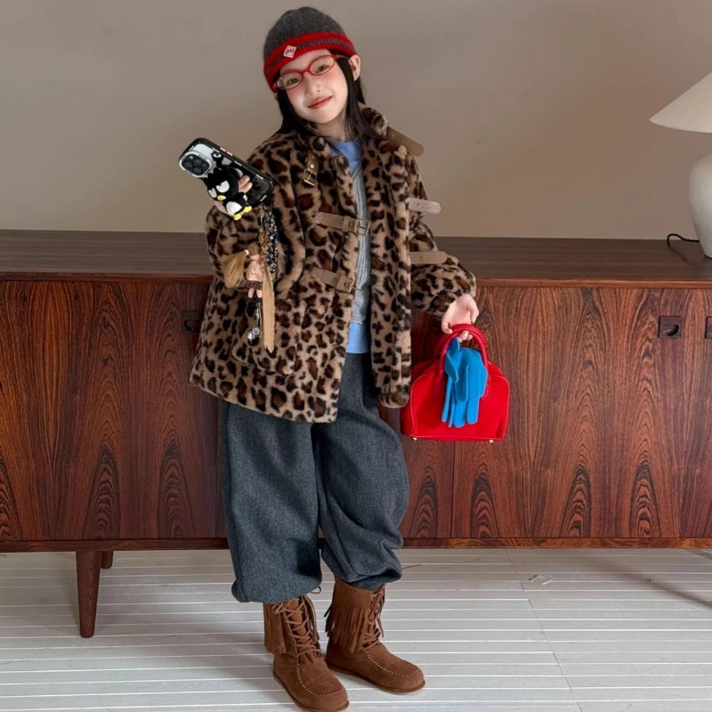 2025 Winter Children's Hot Selling New Leopard Pattern Belt Buckle Warm Artificial Fur Coat