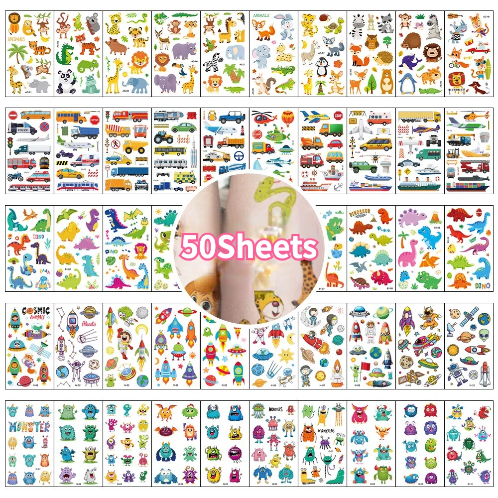 50Pcs Children's Tattoo Stickers Kids Girl Boy Body Paster Unicorn Butterfly Mermaid Animal Dinosaur Ocean Car Cartoon Stickers