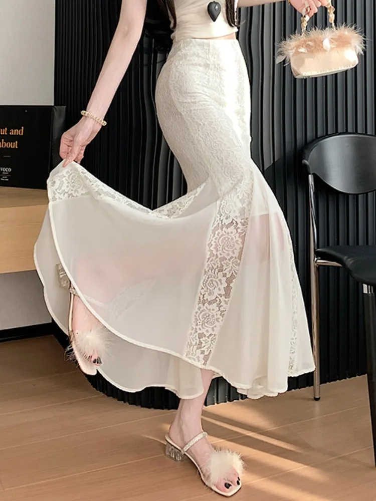 Lace Inner Sheath Long Skirt Women's Spring Summer New Style Draping Beige Fish Tail Skirt Half Body Super Beautiful Skirt
