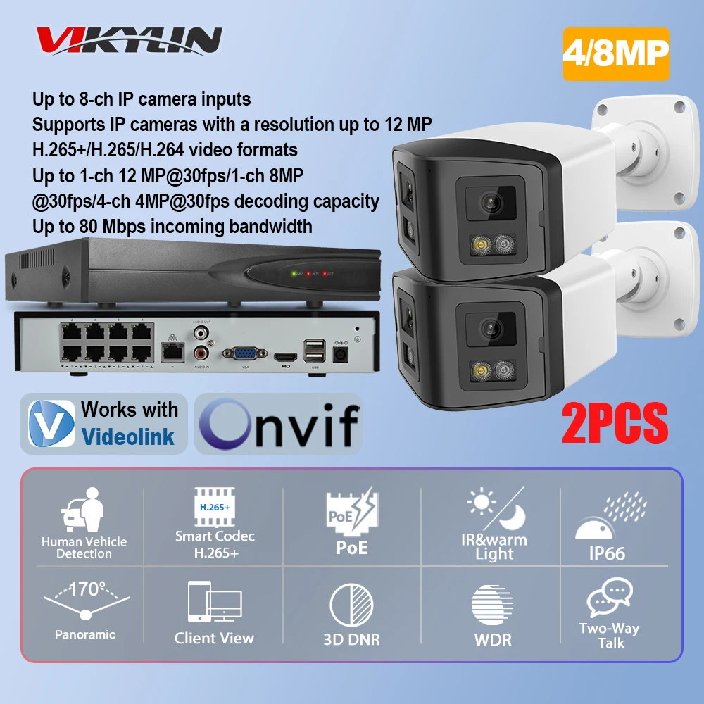 

VIKYLIN CCTV kit 170°Panoramic IP Camera 4/8 MP Two-Way Audio Smart Hybrid Light 8CH POE NVR Outdoor Video Surveillance System