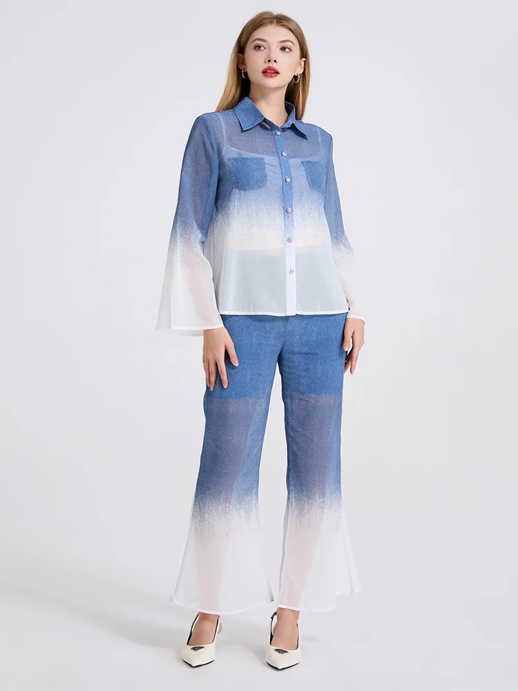 

Two Pieces Set Women Fashion Gradient Color Chiffon Perspective Shirt Tops + High Waist Flare Trousers Outfits 2025 New Summer