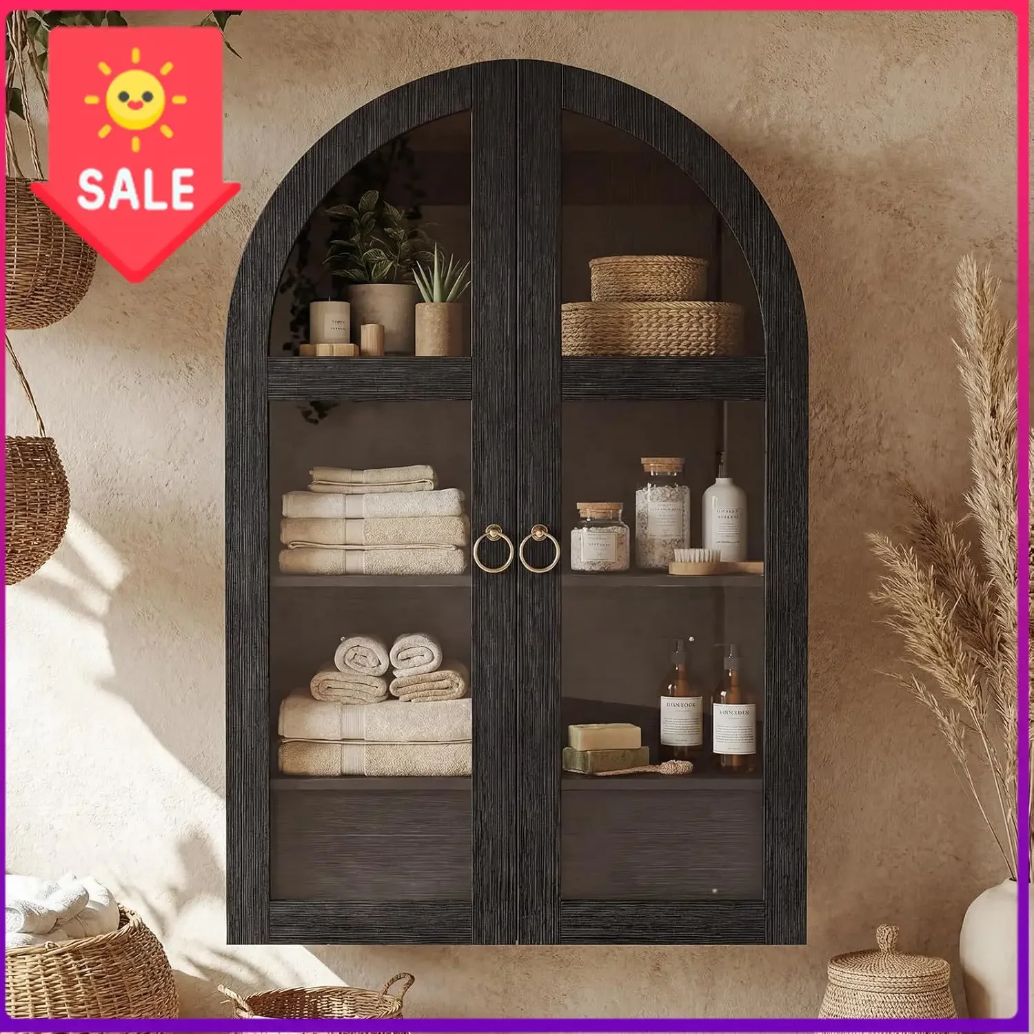 Arched Wall Cabinet with Tempered Glass Doors, 23.5×31.4 Inch Hanging Storage Cabinet with Adjustable Shelf, Glass Display Cabin