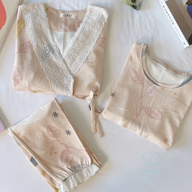 Autumn Thin Milk Silk Cotton Maternity Nursing Sleepwear Sets Sweet Lovely Pajamas Suits Clothes Pregnancy Home Lounge Wear