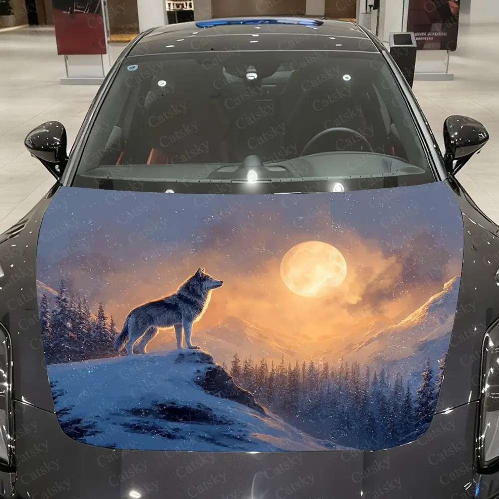Howling Wolves In The Snowy Forest Car Hood Graphic Stickers, Car Aesthetics, Eye-catching Pattern Decorations, PVC Waterproof S