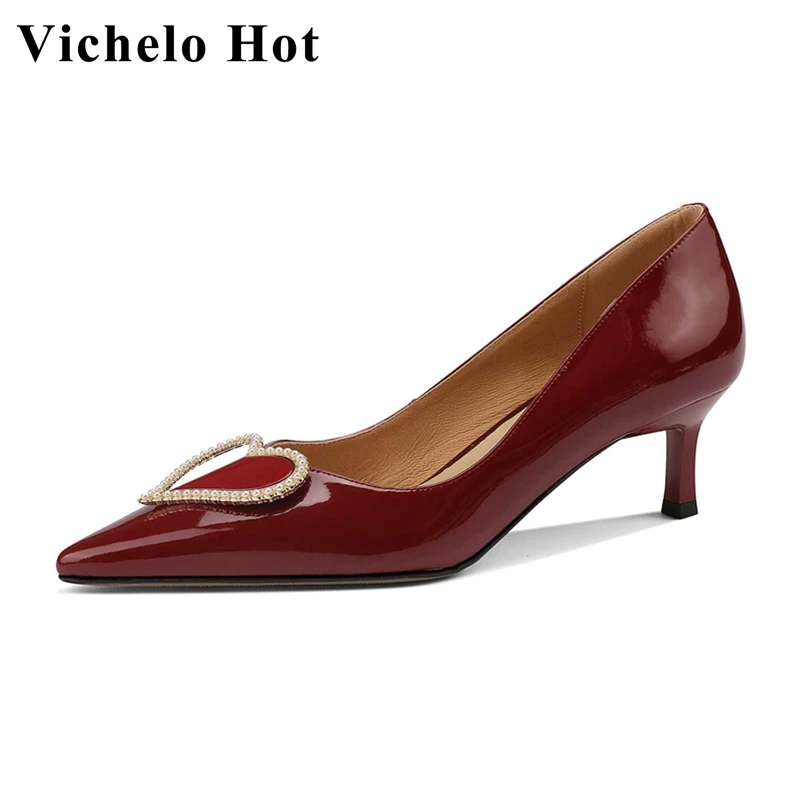 

Vichelo Hot 2022 spring new big size sheep patent leather pointed toe thin high heels pearl beauty lady party women pumps L27