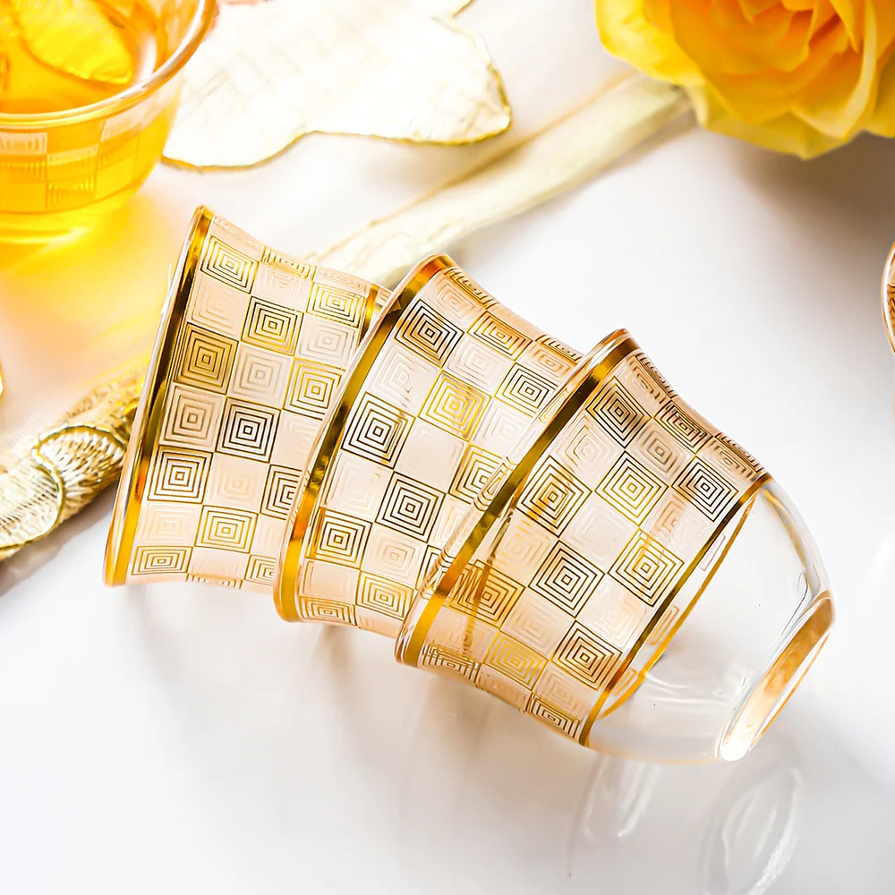 Ins Nordic style glass tea cup, Light Gold Moonlight Cup, Hot stamping lead-free glass cup, Vintage Türkiye black tea cup, 6pcs