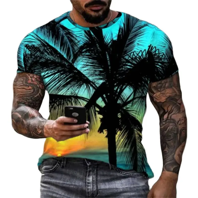 Personality Coconut Tree T-shirt Men\'s Fashion Hawaii HD 3D Digital Printed Tropical Crewneck Beach Casual Loose Comfortable Top