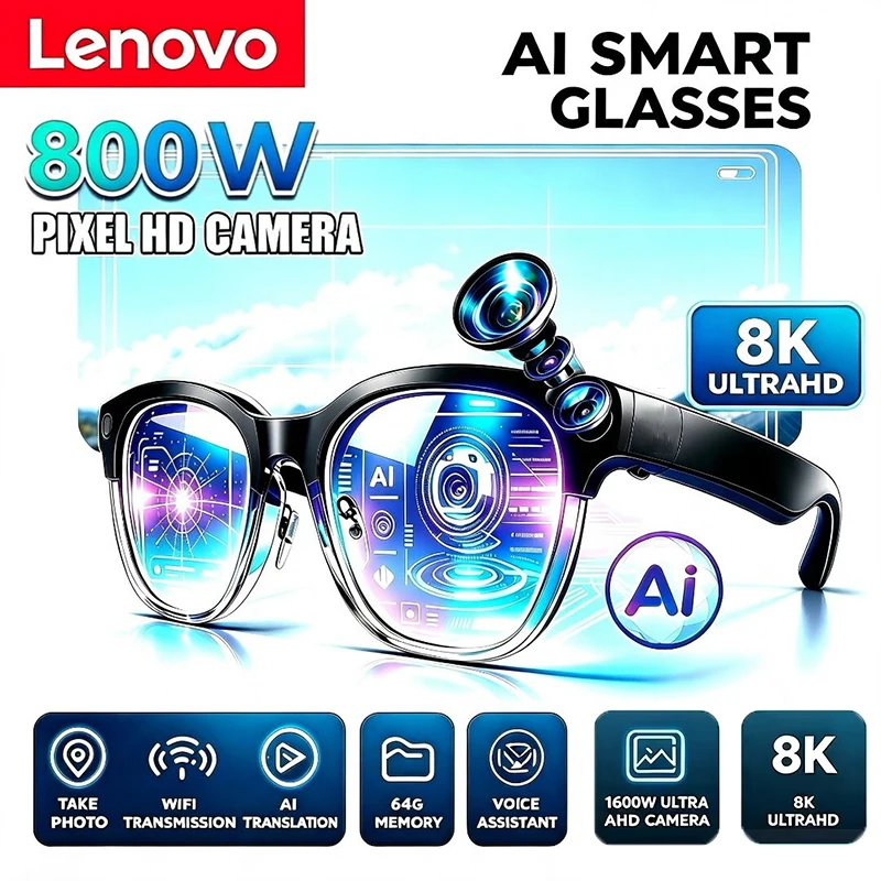 Lenovo Upgrade Smart AI Glasses 800W HD 8K Shooting Camera Photo Video Voice Call Translation Bluetooth Motorcycle Glasses NEW