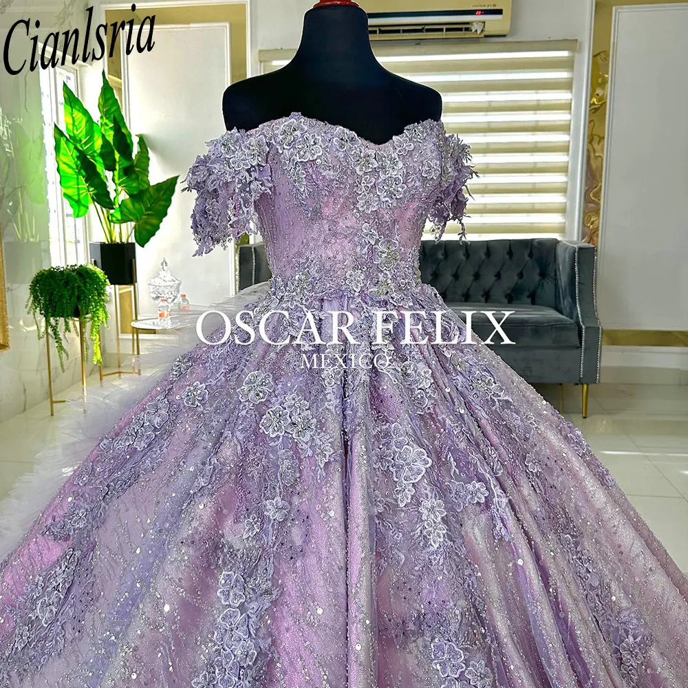 Lilac Glitter Crystal Sequined Ball Gown Quinceanera Dress Off The Shoulder Appliques Lace Corset Vestidos De XV Años