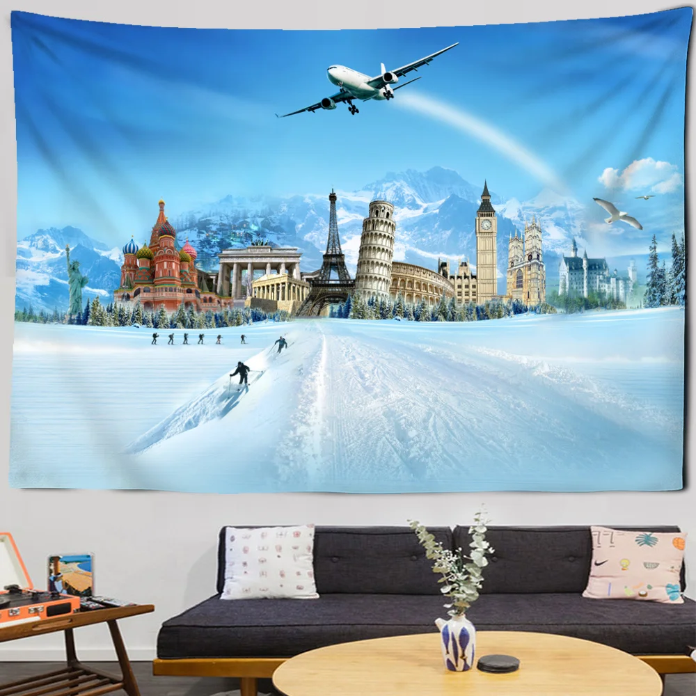 Castle Ski Tapestry Sunrise Psychedelic Style Forest Natural Snow Scene Wall Hanging Home Room Decor