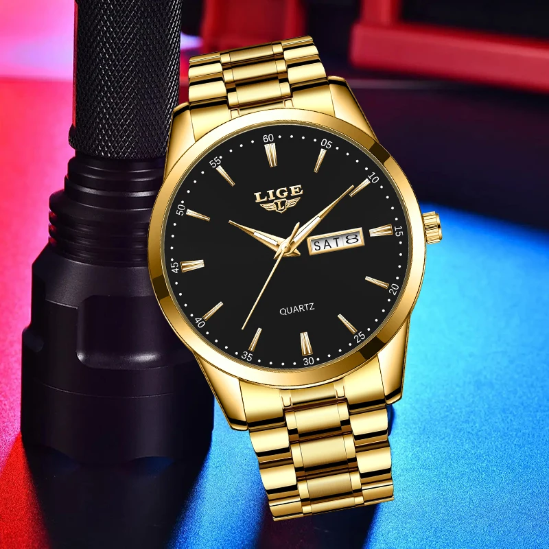 

LIGE Fashion Luxury Man Watch Casual Simple Classic Stainless Steel Band Waterproof Calendar Week Clock Quartz Watches Male Gift