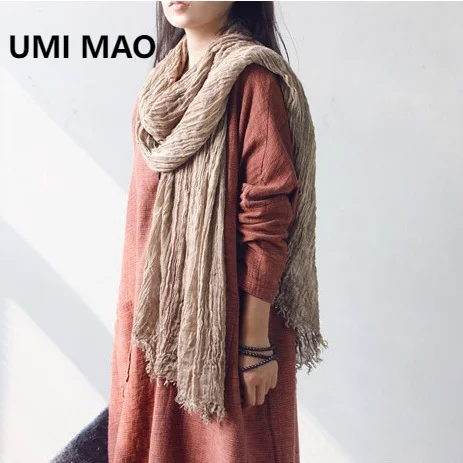 UMI MAO New Autumn Winter High-end Long Cotton Linen Solid Color Scarf Women Warm Shawl Couple Style Ethnic Style Wrinkled