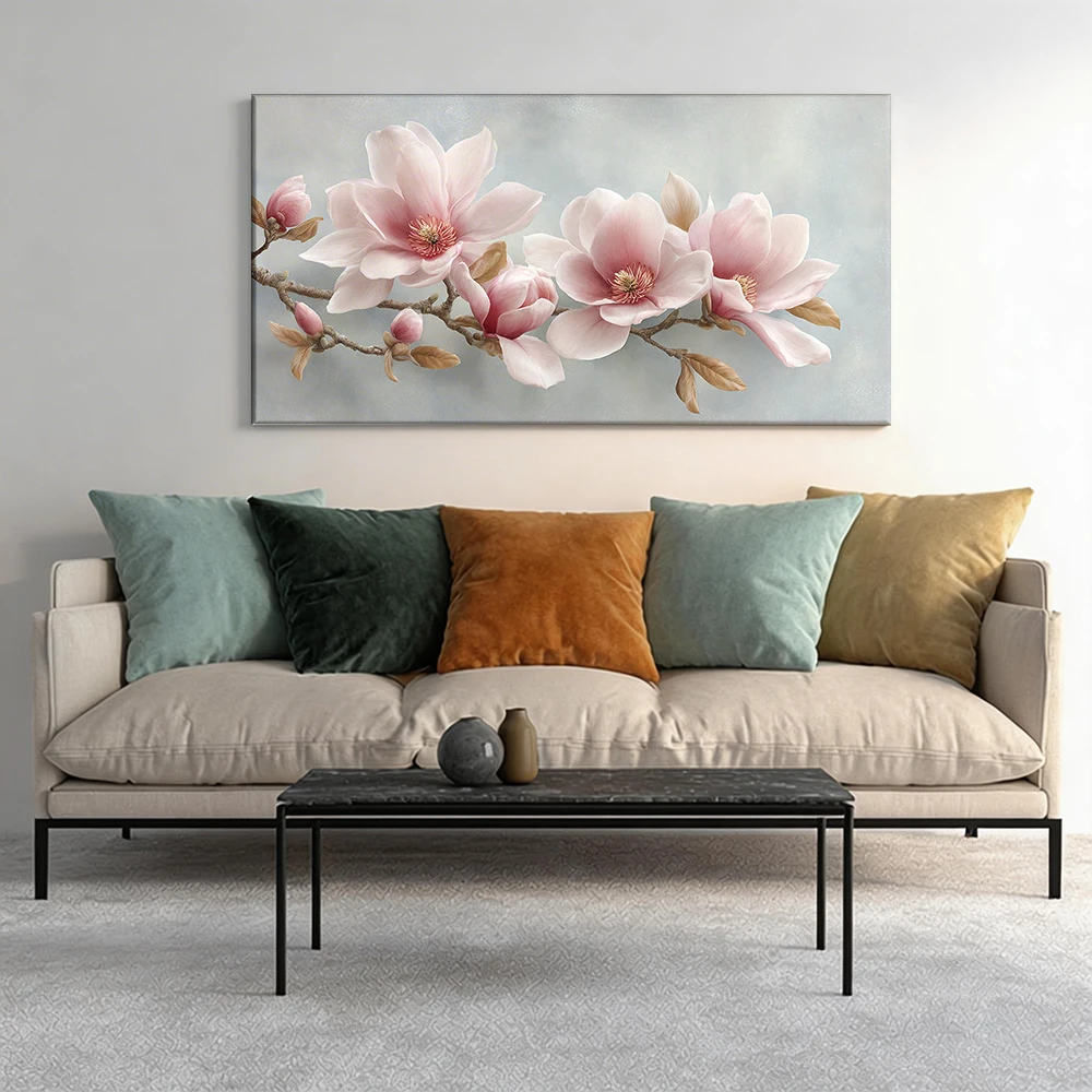 Cuadro de lienzo con marco de madera maciza de gran tamaño, 1 pieza, flores de magnolia rosas en una rama.
