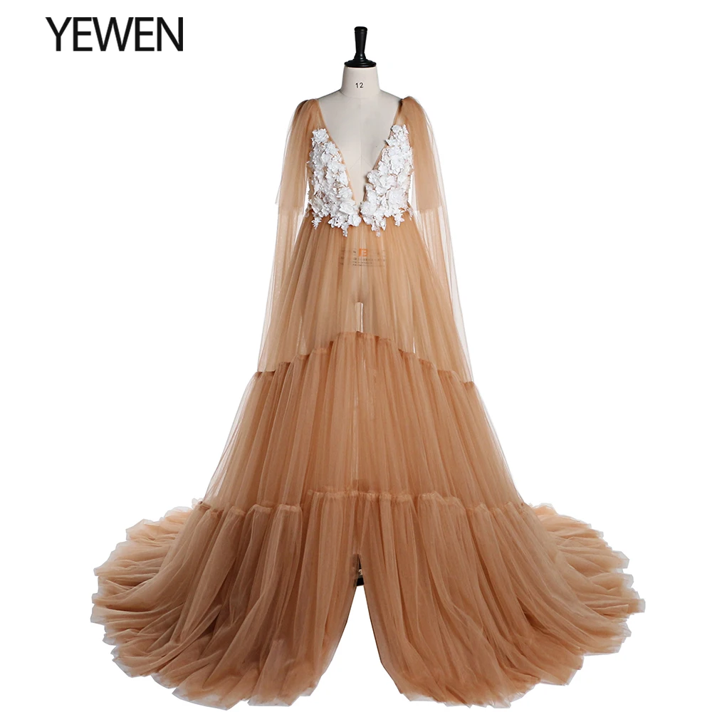 ดอกไม้ Tulle Beach ชุดราตรียาวลึก V คอด้านหน้าเปิดคลอดบุตรชุดสำหรับถ่ายภาพ YEWEN YD21624